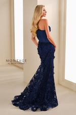 One-Shoulder Pleated Satin and Lace Trumpet Gown