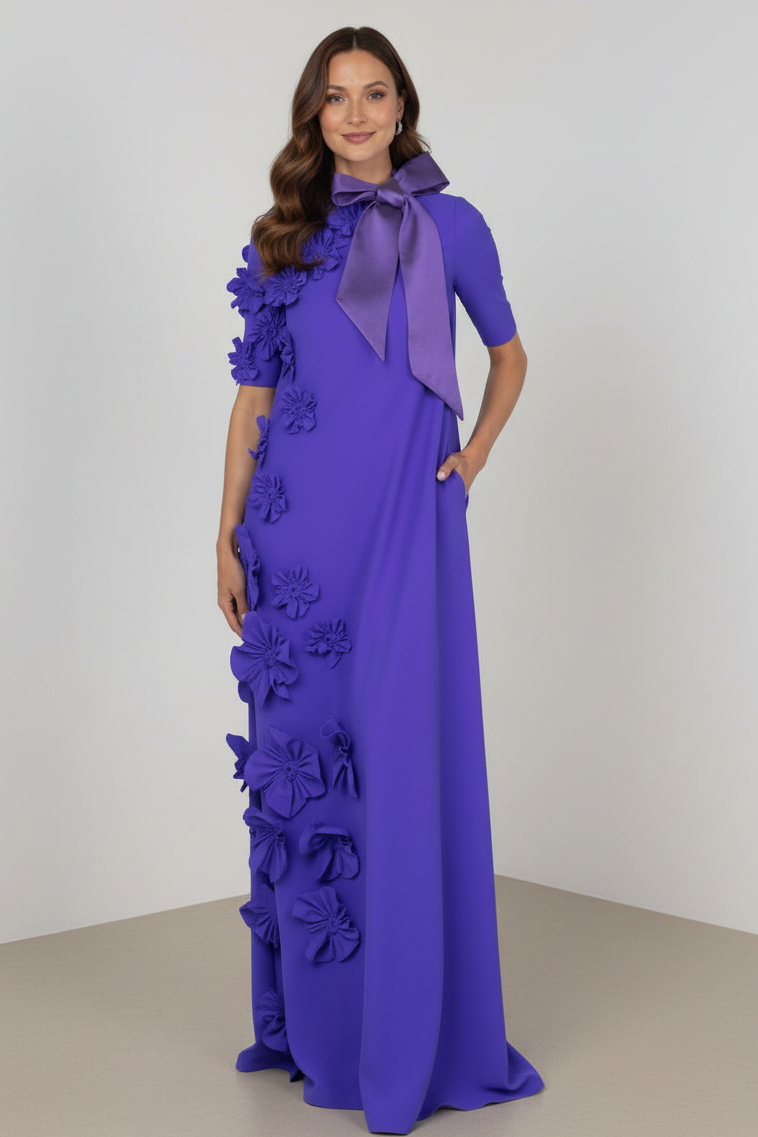 Elegant Purple Short Sleeve Column Gown with 3D Flowers & Bow