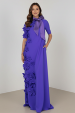 Elegant Purple Short Sleeve Column Gown with 3D Flowers & Bow