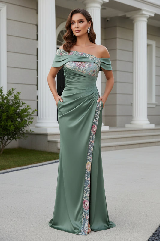 Off-the-Shoulder Embroidered Satin Gown with Slit