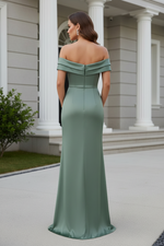 Off-the-Shoulder Embroidered Satin Gown with Slit