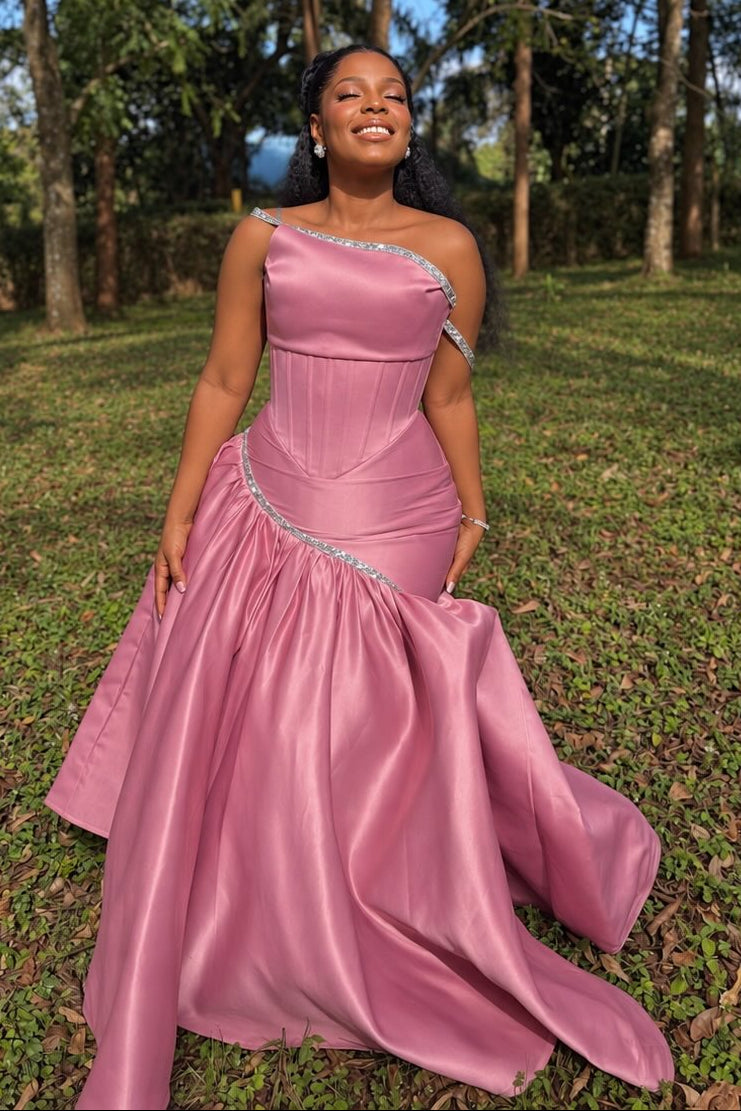 Corset Evening Gown with Beaded Asymmetric Skirt