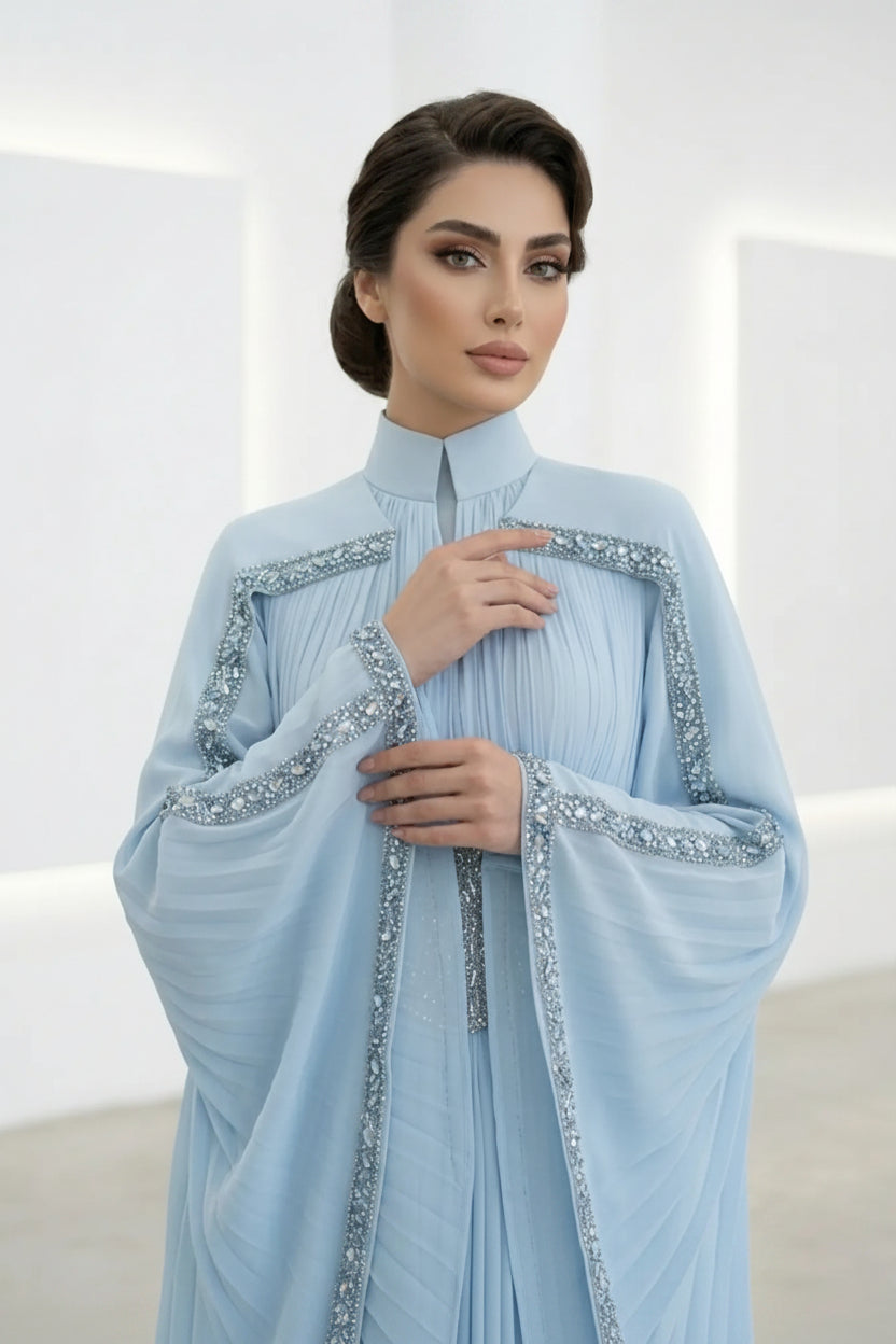 Beaded Waist Cape Sleeve Pleated Evening Gown