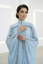 Beaded Waist Cape Sleeve Pleated Evening Gown