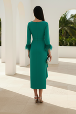 Feather Cuff Crepe Midi Dress with Cascading Ruffle