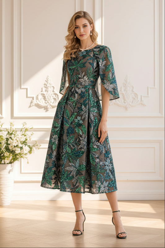 Floral Sequin A-Line Midi Dress with Cape