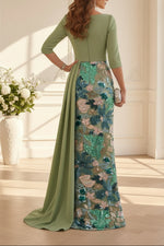 Floral Sequin Column Gown with Drape