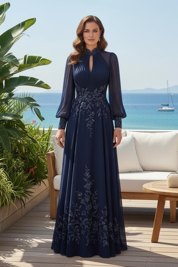 Embroidered Keyhole High Neck Gown with Bishop Sleeves