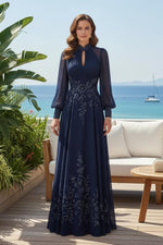 Embroidered Keyhole High Neck Gown with Bishop Sleeves