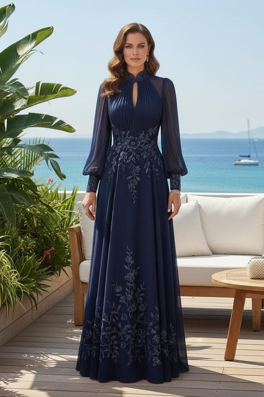 Embroidered Keyhole High Neck Gown with Bishop Sleeves