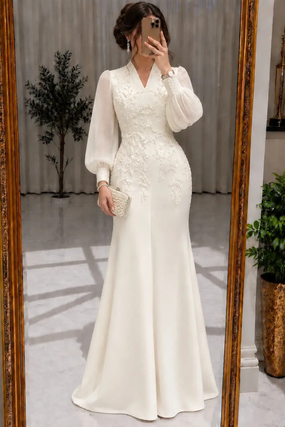 Embroidered V-Neck Gown with Bishop Sleeves