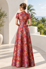 Floral Jacquard A-Line Maxi Dress with Puff Sleeves