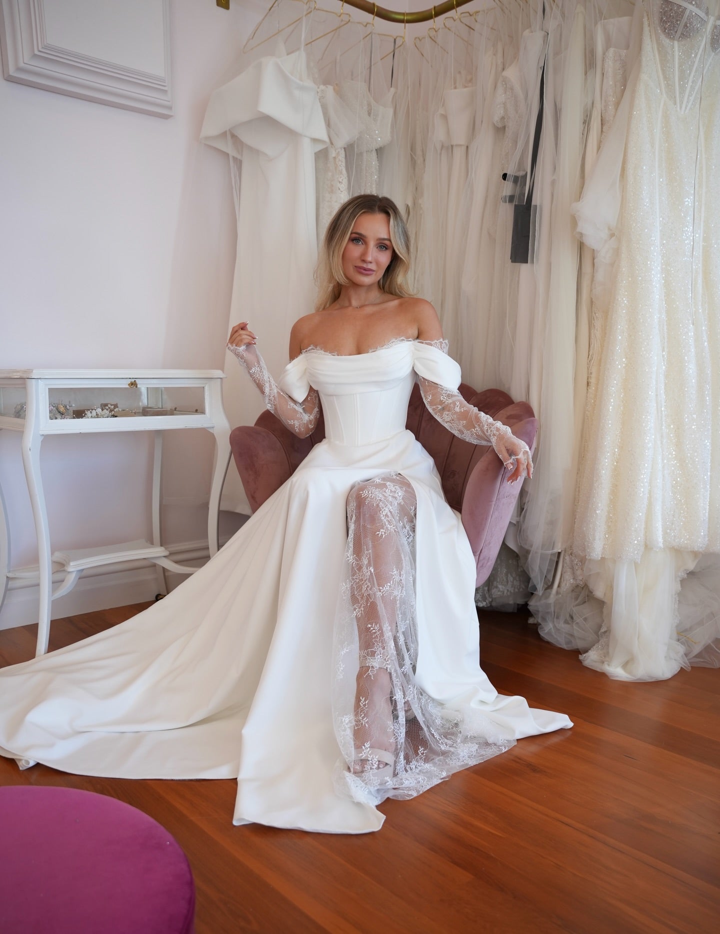 Off Shoulder Lace Slit Wedding Dress