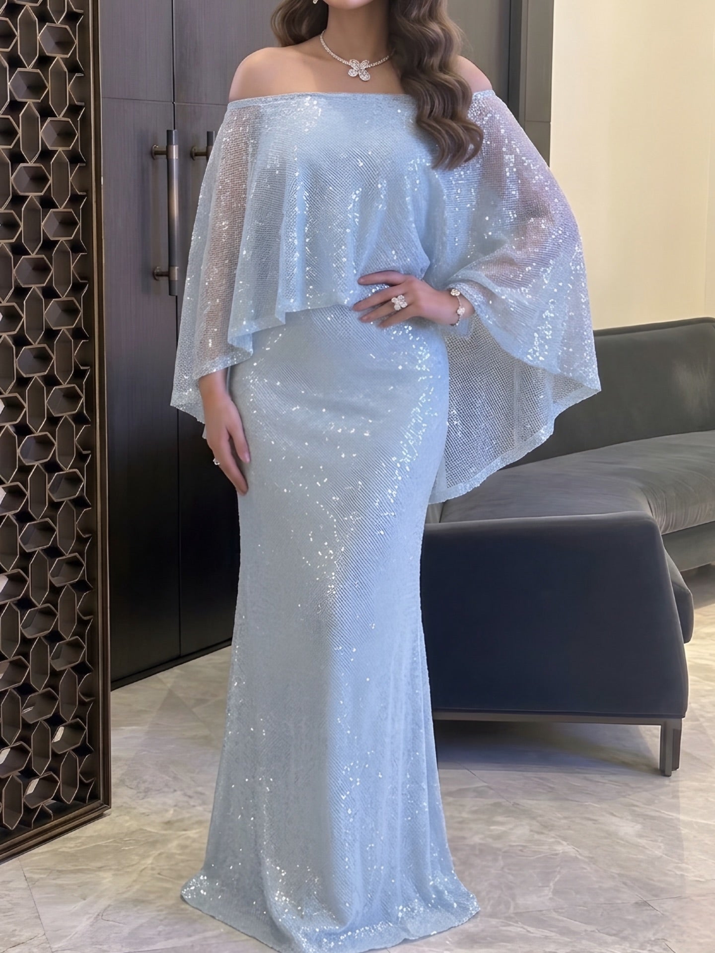 Off-the-Shoulder Cape Sequin Evening Gown