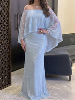 Off-the-Shoulder Cape Sequin Evening Gown