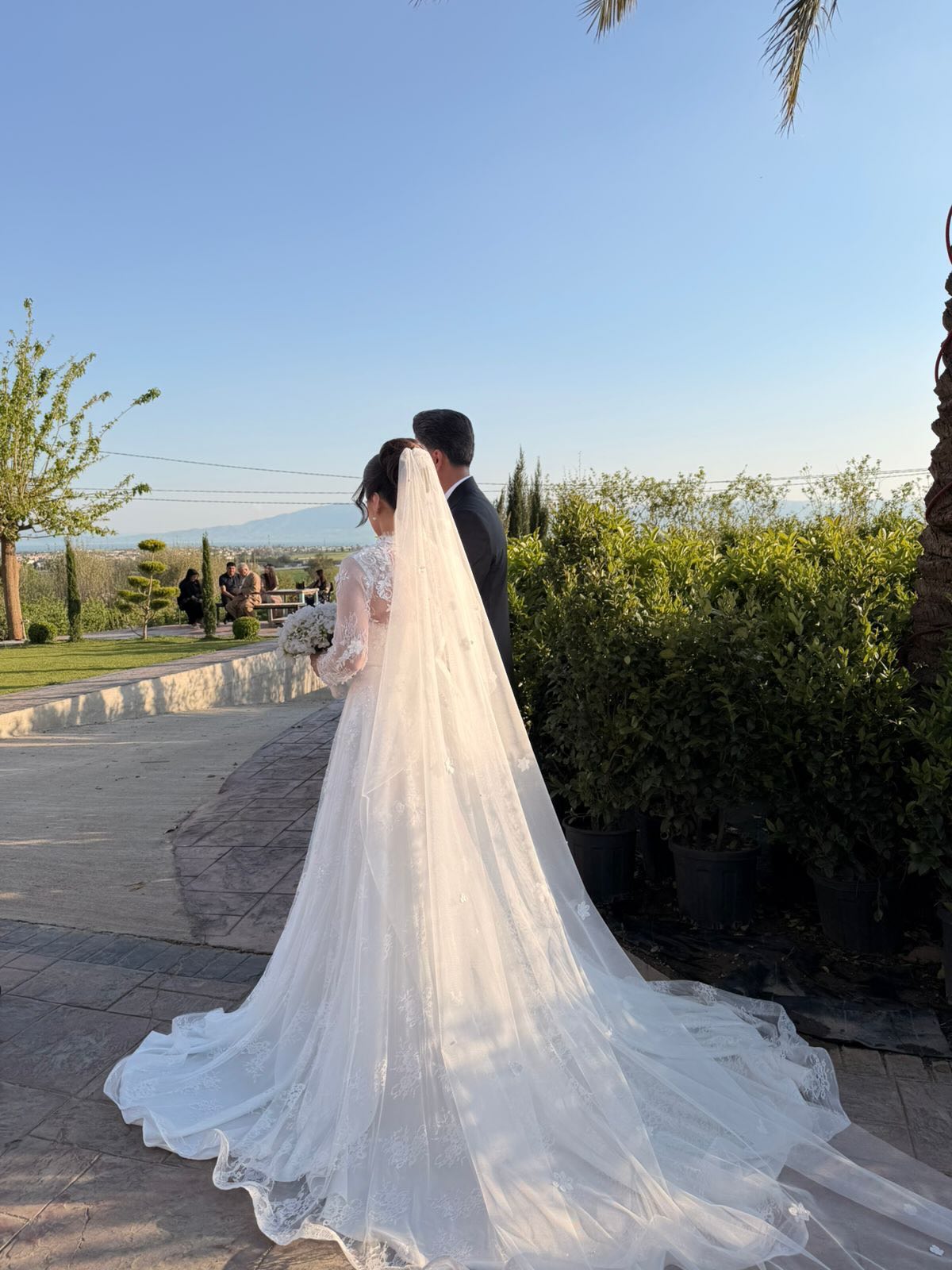 A-Line Illusion High Neck Lace Wedding Dress with Train