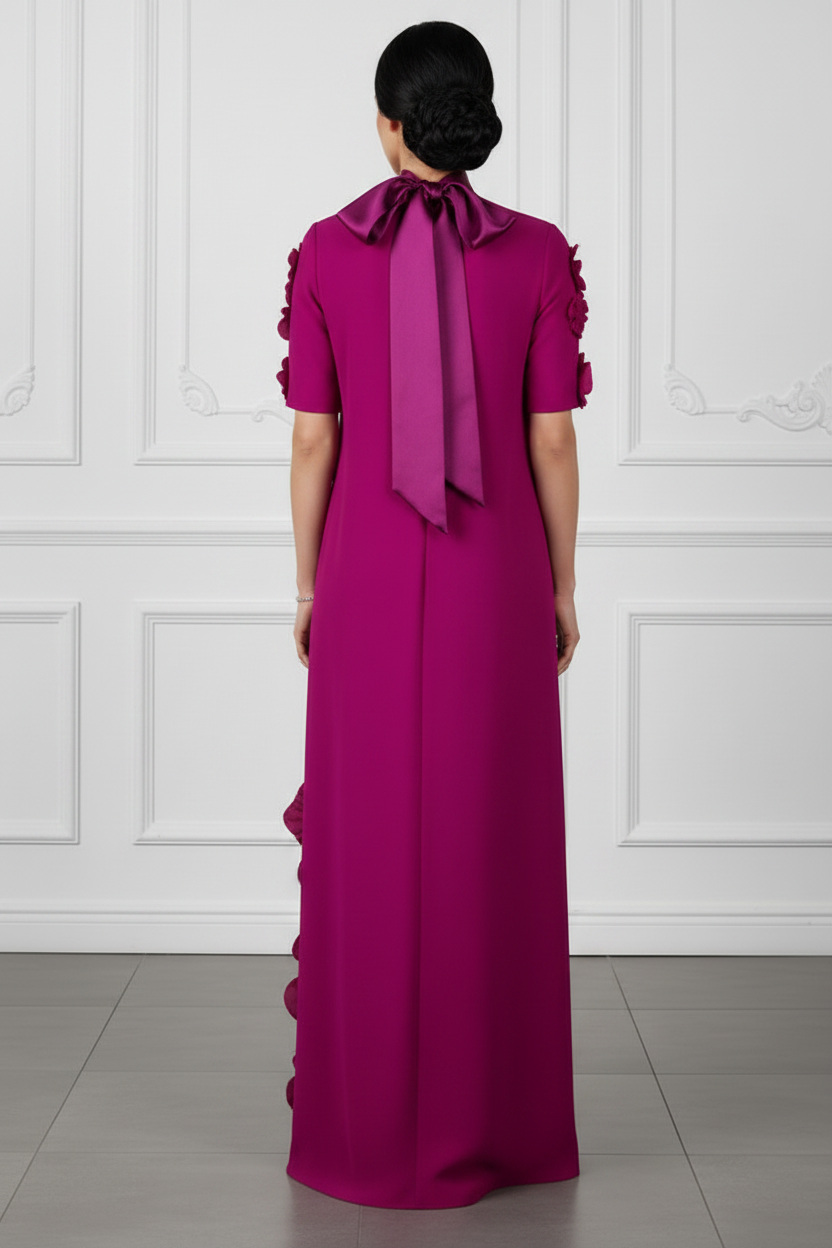 Magenta 3D Floral Crepe Column Gown with Satin Bow