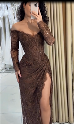 Off-the-Shoulder Lace Corset Gown with Slit