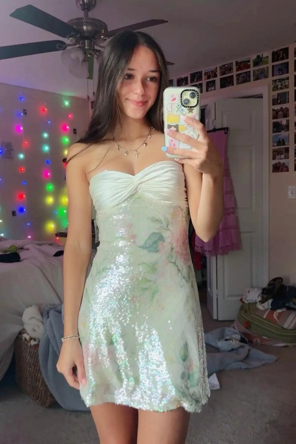 Strapless Floral Sequin Mini Dress with Bow Back
