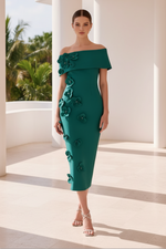 Off Shoulder 3D Floral Midi Dress