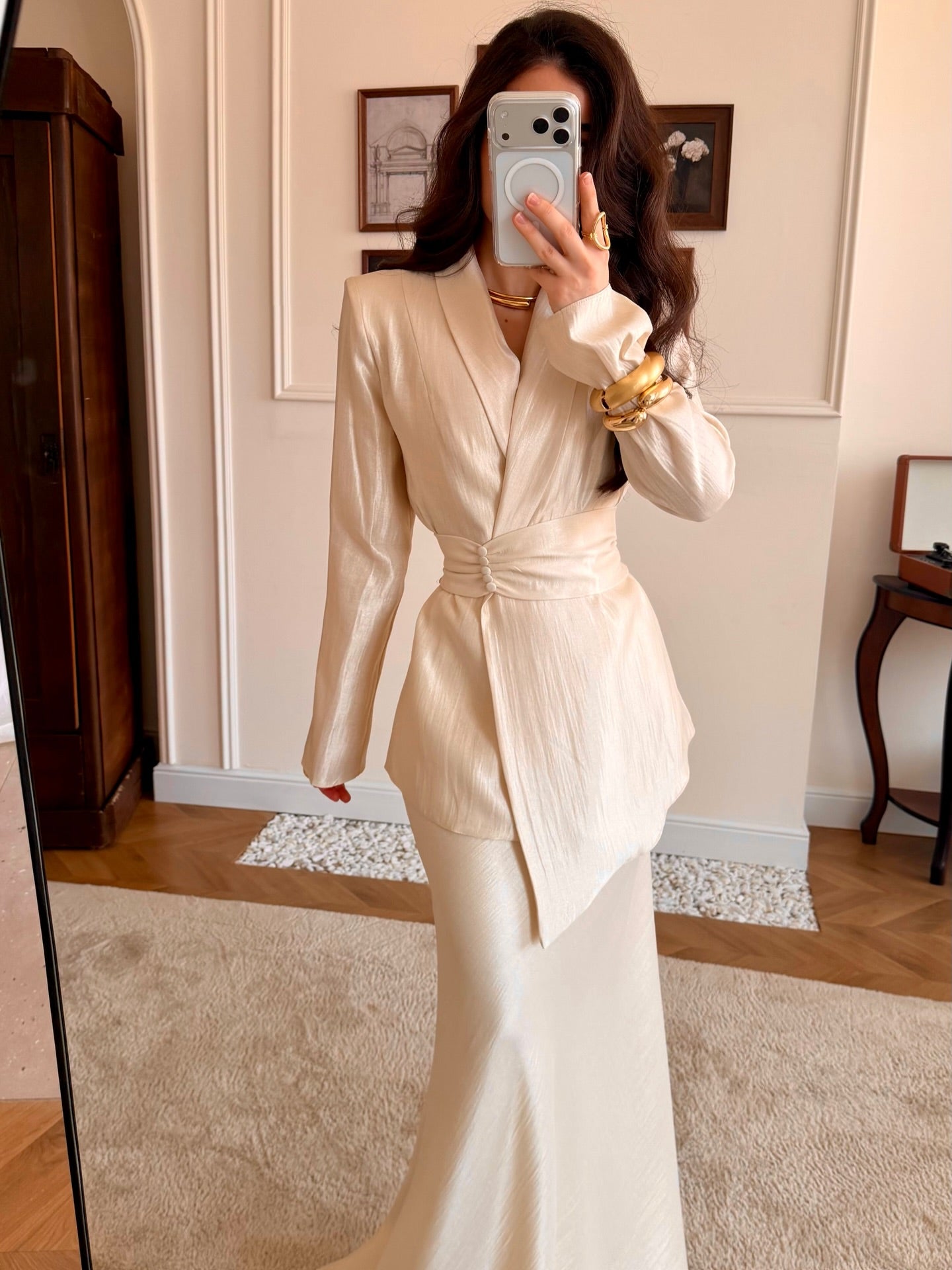 Elegant Two-Piece Blazer Jacket and Maxi Skirt Set
