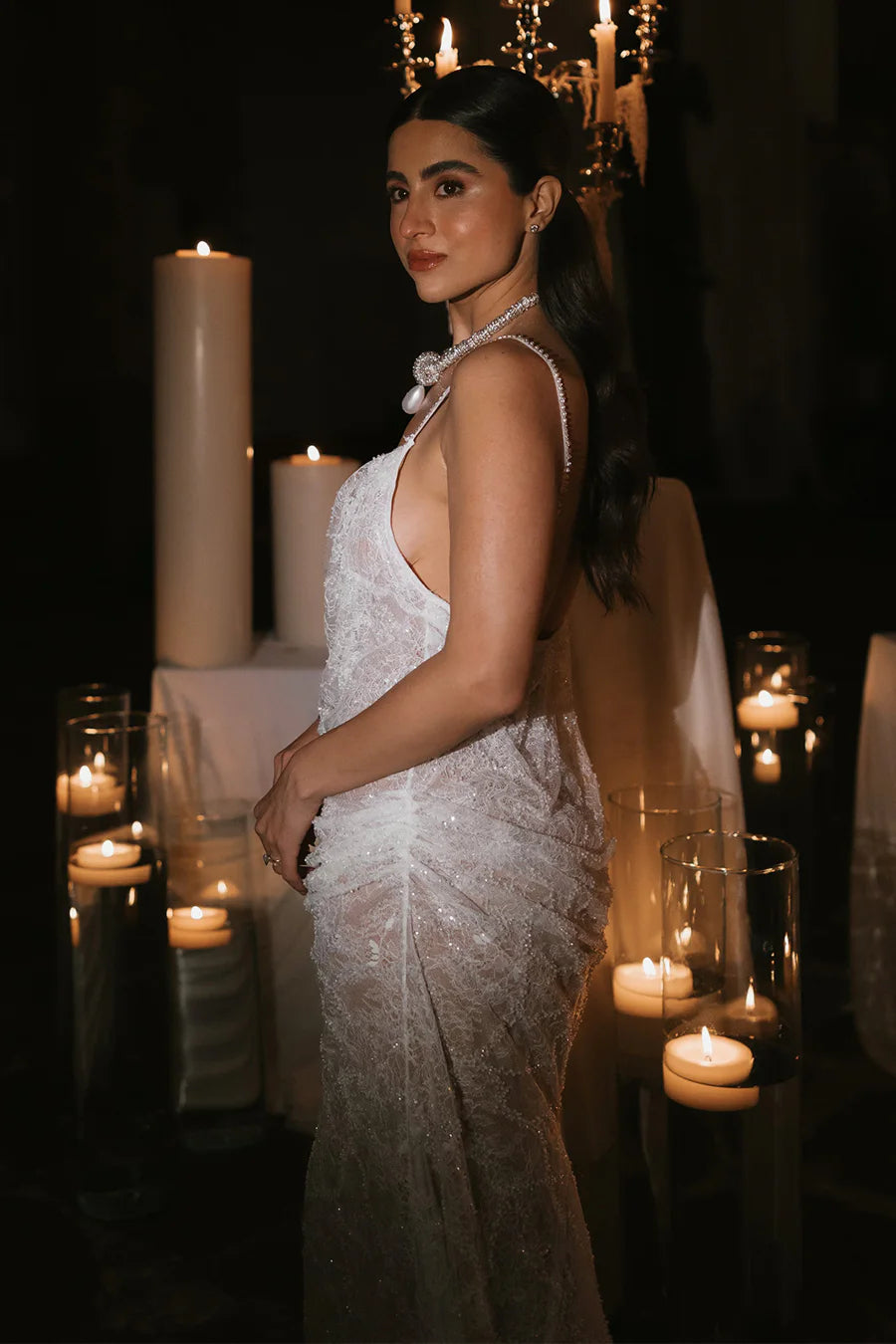 Cowl Neck Lace Slip Wedding Dress with Sweep Train