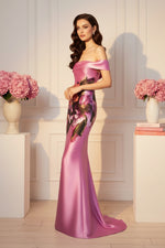 Floral Print Off-the-Shoulder Column Evening Gown