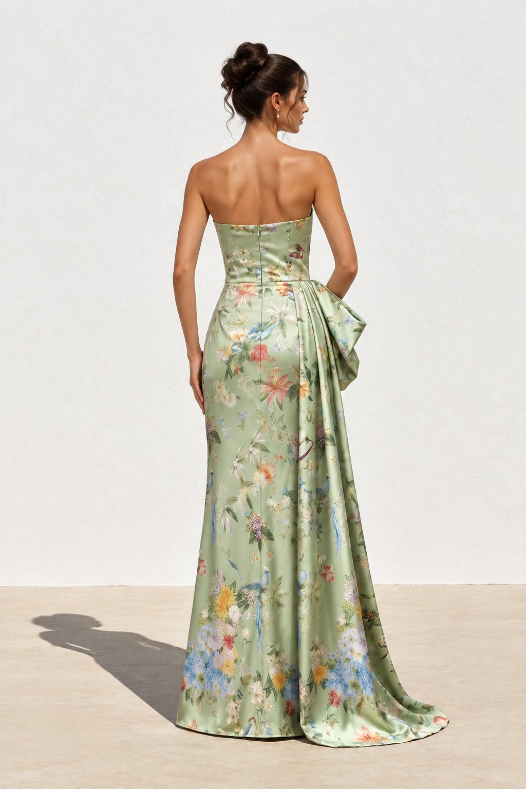 Strapless Floral Satin Gown with Side Drape