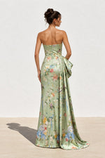 Strapless Floral Satin Gown with Side Drape