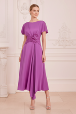 Bateau Neck Short Sleeve 3D Flower Midi Dress