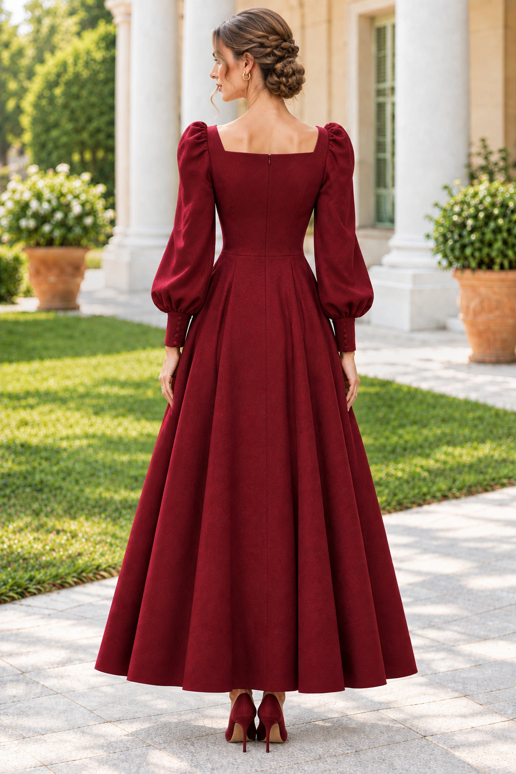 Bateau Neck Floral Shoulder Long Sleeve A-Line Gown