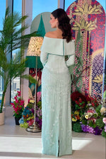 Off-The-Shoulder Long Sleeve Beaded Evening Gown