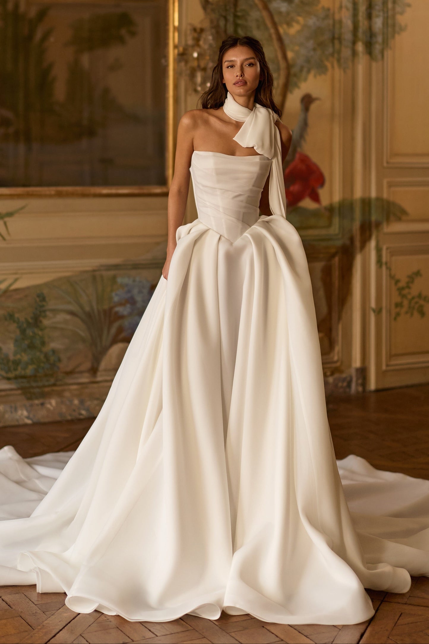 Strapless Corset Ball Gown Wedding Dress with Scarf