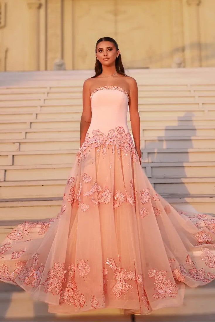 Strapless Floral Applique Evening Gown with Train