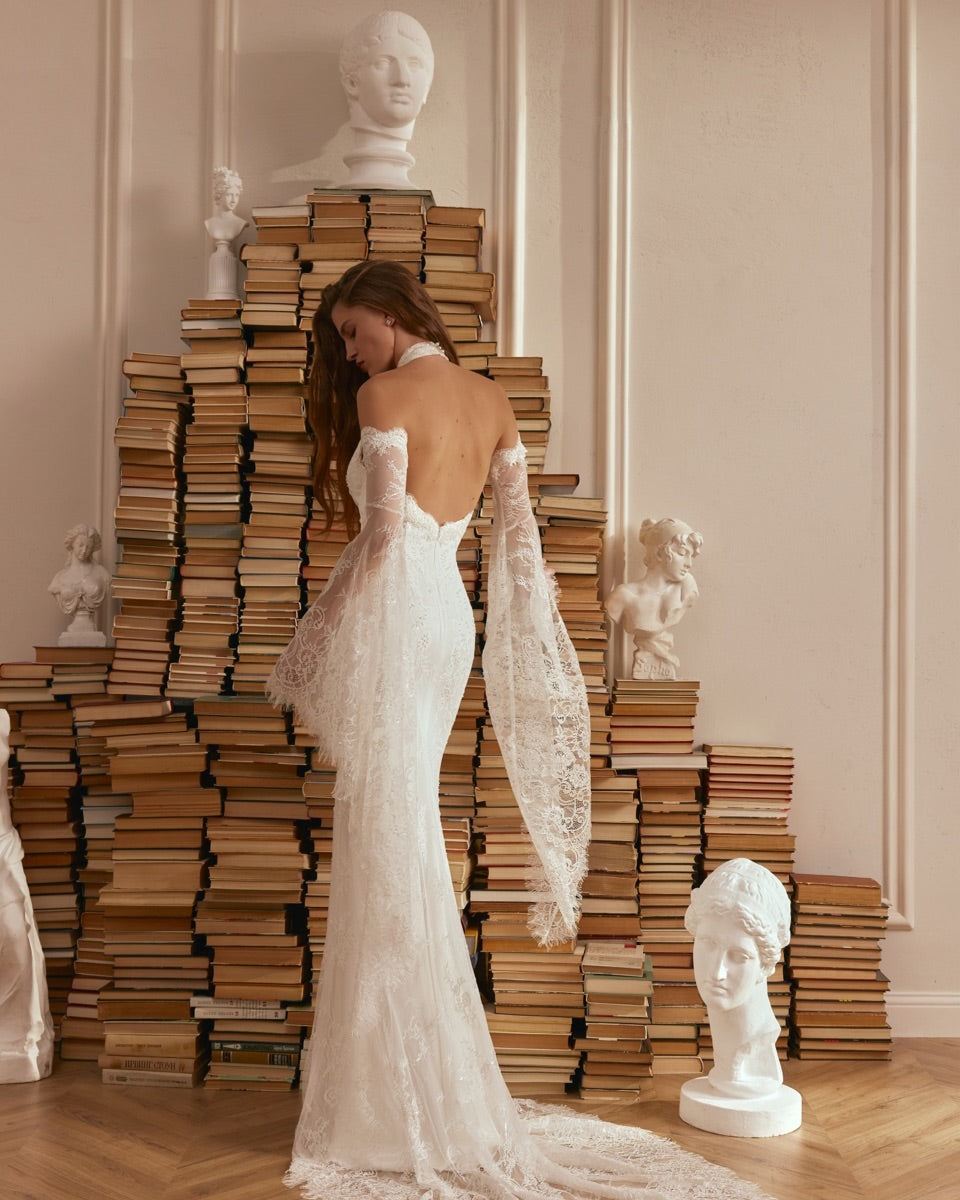 Halter Lace Open Back Wedding Dress