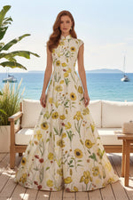Floral Print High Neck Cap Sleeve Evening Gown