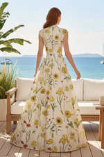 Floral Print High Neck Cap Sleeve Evening Gown