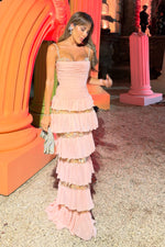 Tiered Ruffled Gown with Crystal Straps and Embellishment