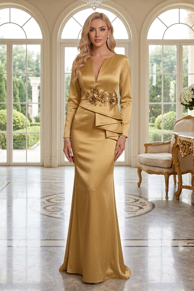 Long Sleeve Slit V-Neck Gown with 3D Florals