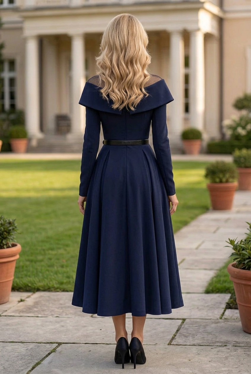 Illusion Neck Foldover Midi Dress with Belt