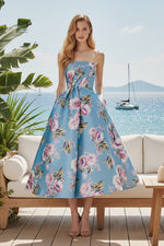 Strapless Floral Satin Tea-Length A-Line Dress
