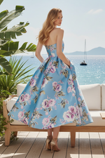 Strapless Floral Satin Tea-Length A-Line Dress