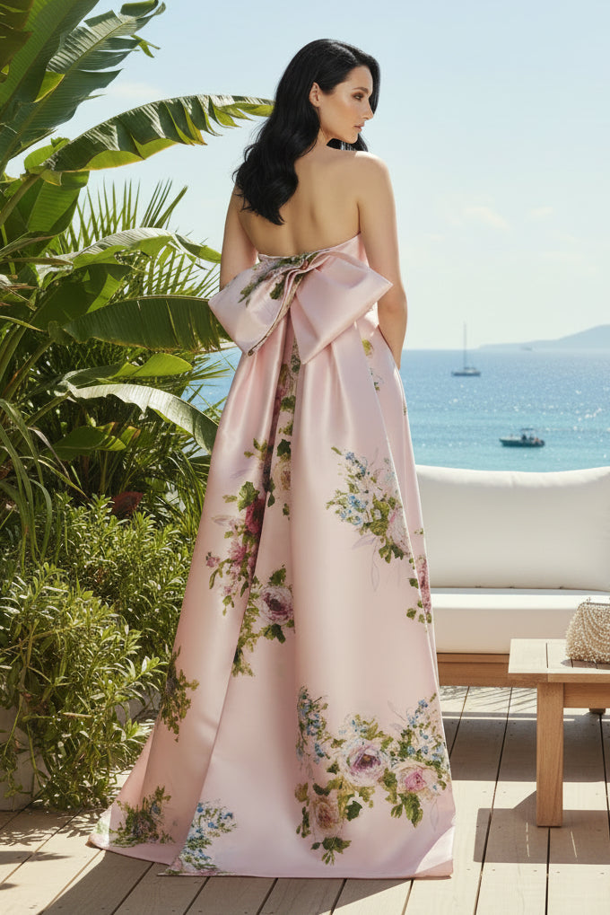 Strapless Floral Print Gown with Back Bow