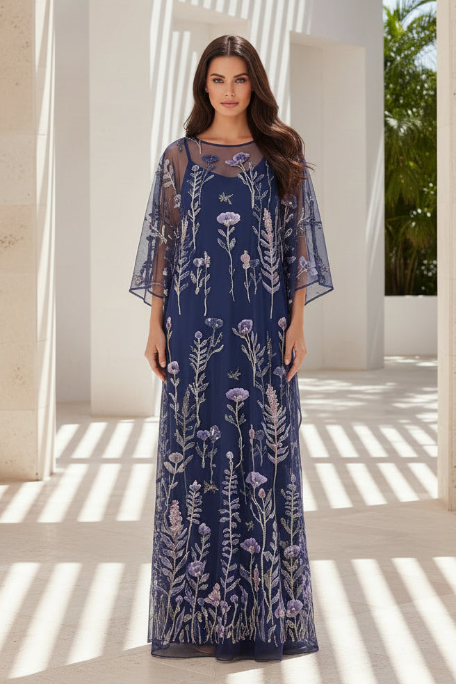 Floral Embroidered Cape Overlay Evening Gown
