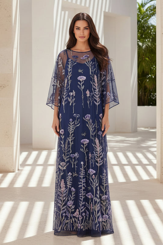 Floral Embroidered Cape Overlay Evening Gown