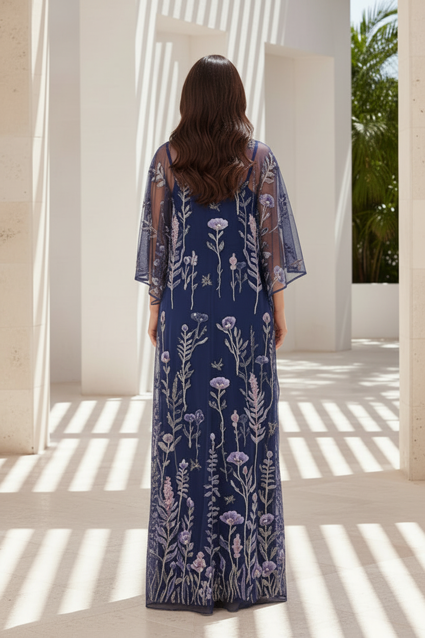 Floral Embroidered Cape Overlay Evening Gown