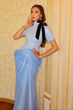 High-Neck Beaded Evening Gown with Bow Accent