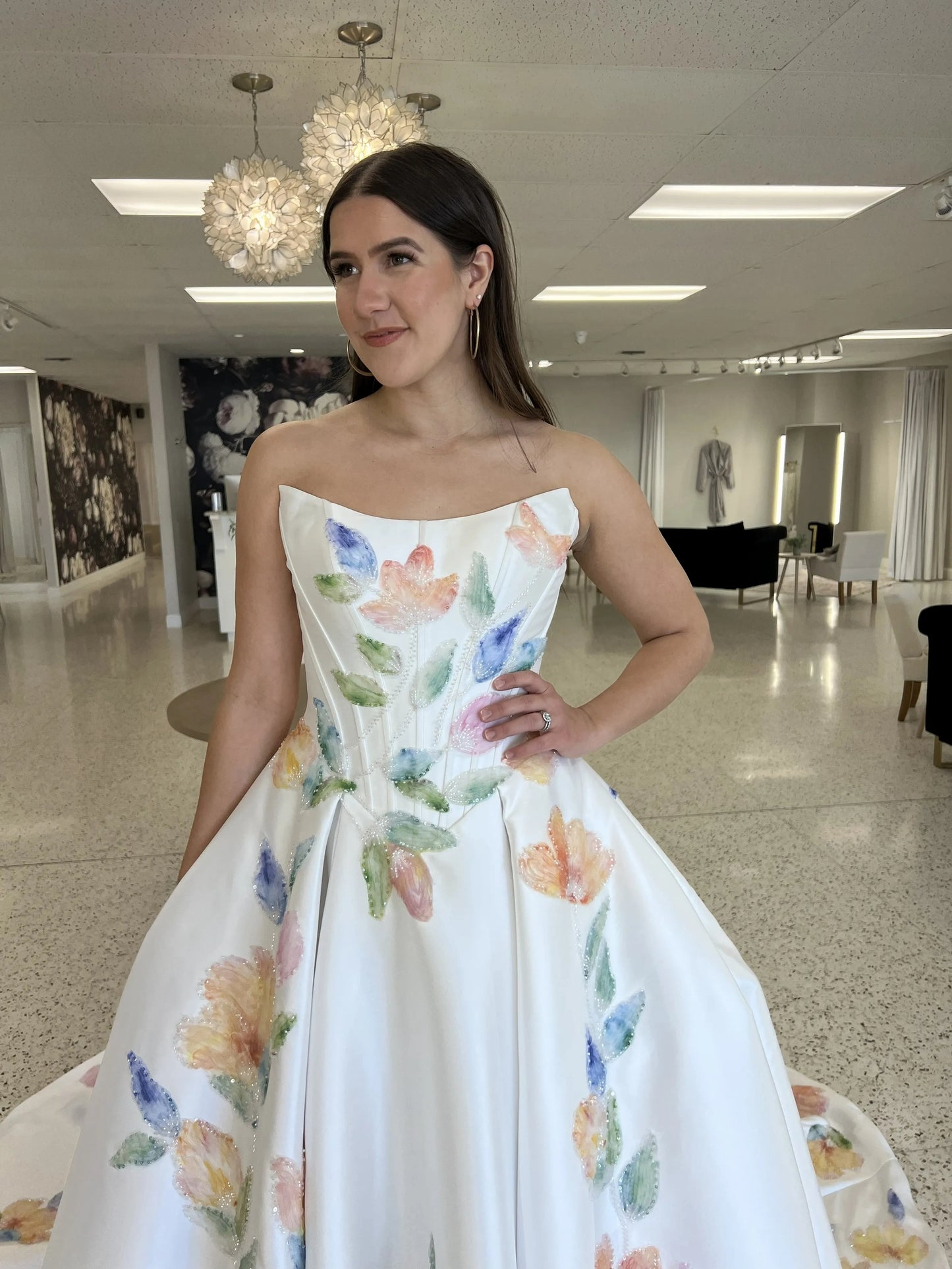 Strapless Floral Print Corset Wedding Dress
