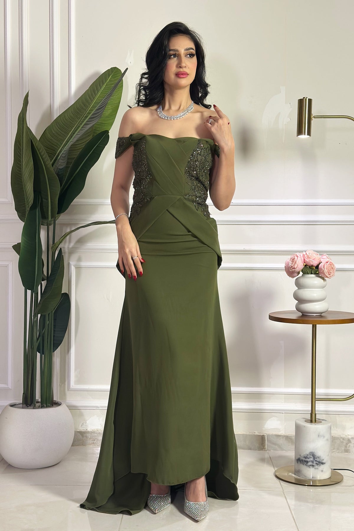 Off-the-Shoulder Beaded Evening Gown with Peplum