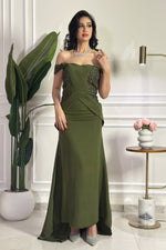 Off-the-Shoulder Beaded Evening Gown with Peplum